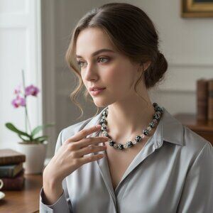 Hand Crafted Black Glass Bead Embedded With wihte Flower Clear Crystal Necklace